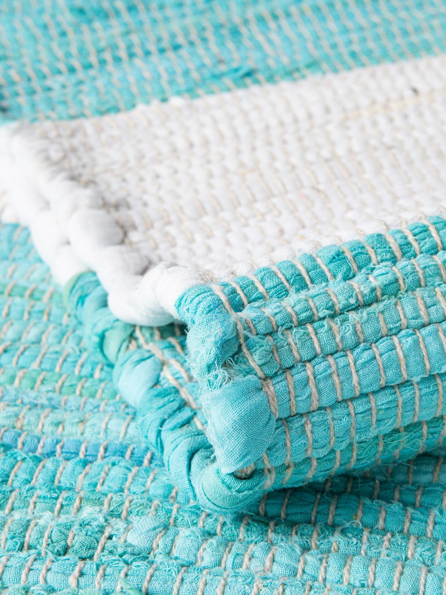Turquoise and Ivory 5' 1 x 5' 1 Chindi Rag Square Area Rug 100% Cotton All Natural Eco-Friendly Carpet Mat Decor for Homes for Sale at Rug Engine