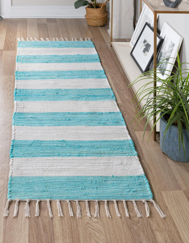 Turquoise and Ivory 2' 7 x 12' Chindi Rag Runner Area Rug 100% Cotton All Natural Eco-Friendly Carpet Mat Decor for Homes for Sale at Rug Engine