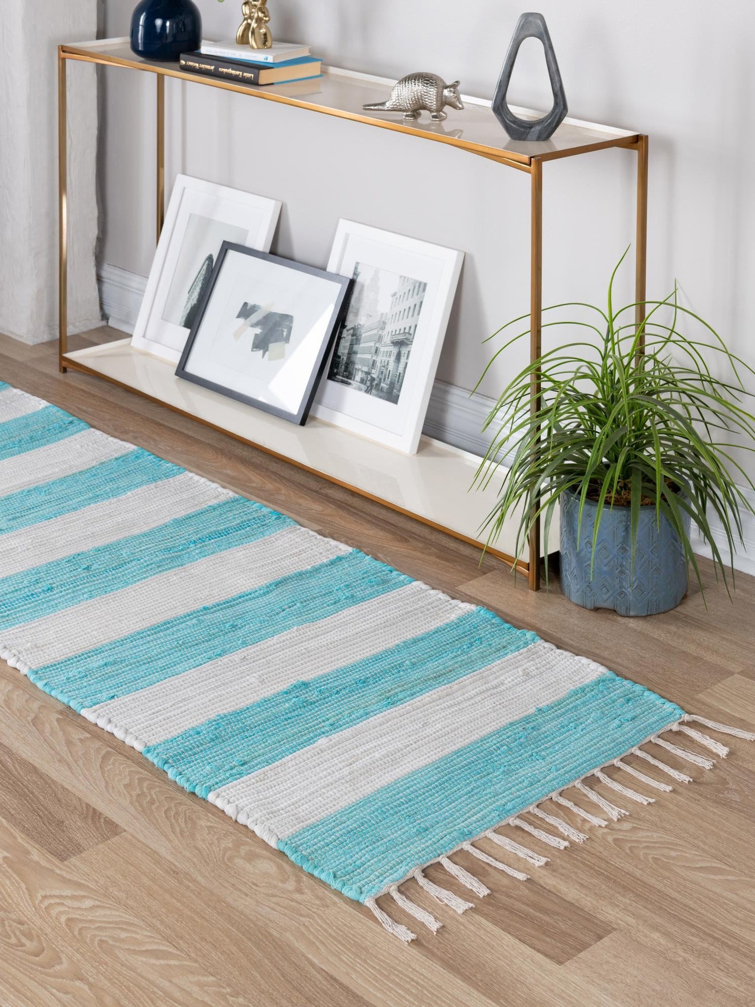 Turquoise and Ivory 2' 2 x 10' Chindi Rag Runner Area Rug 100% Cotton All Natural Eco-Friendly Carpet Mat Decor for Homes for Sale at Rug Engine
