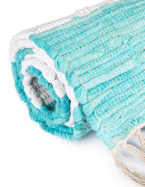 Turquoise and Ivory 2' 2 x 8' Chindi Rag Runner Area Rug 100% Cotton All Natural Eco-Friendly Carpet Mat Decor for Homes for Sale at Rug Engine