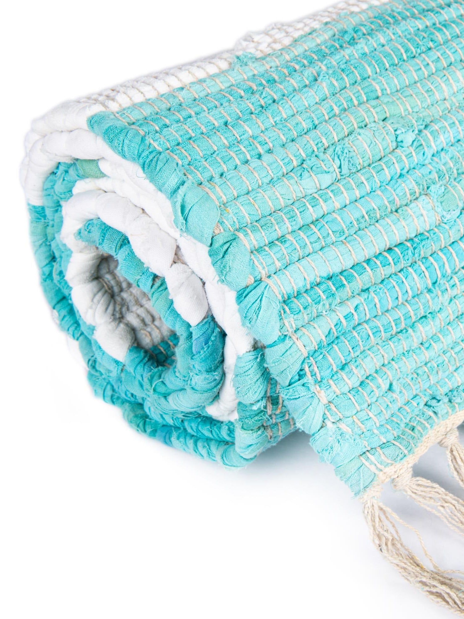 Turquoise and Ivory 2' 2 x 10' Chindi Rag Runner Area Rug 100% Cotton All Natural Eco-Friendly Carpet Mat Decor for Homes for Sale at Rug Engine