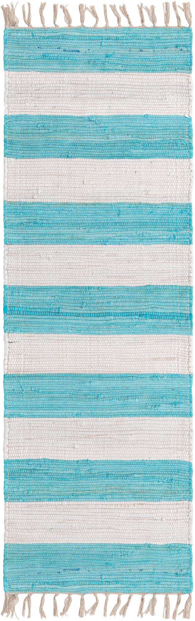 Turquoise and Ivory 2' 2 x 6' 1 Chindi Rag Runner Area Rug 100% Cotton All Natural Eco-Friendly Carpet Mat Decor for Homes for Sale at Rug Engine