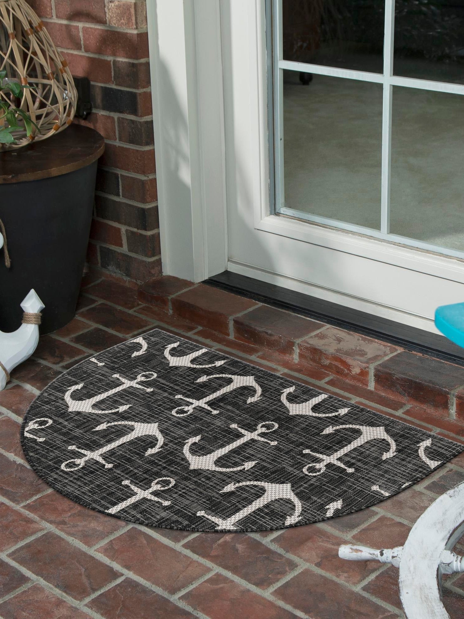 Charcoal 2' 2 x 3' 7 Outdoor Coastal Hearth Half-Round Semicircle Area Rug Weather Resistant for Patio, Deck, Terrace, Balcony, Porch 100% Polypropylene Coastal Decor Carpet for Sale at Rug Engine