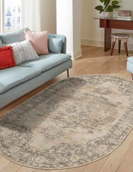 Ivory 7' 10 x 10' Portland Oval Area Rug 85% Polypropylene & 15% Polyester Vintage Distressed Traditional Carpet for Home Decor for Sale at Rug Engine