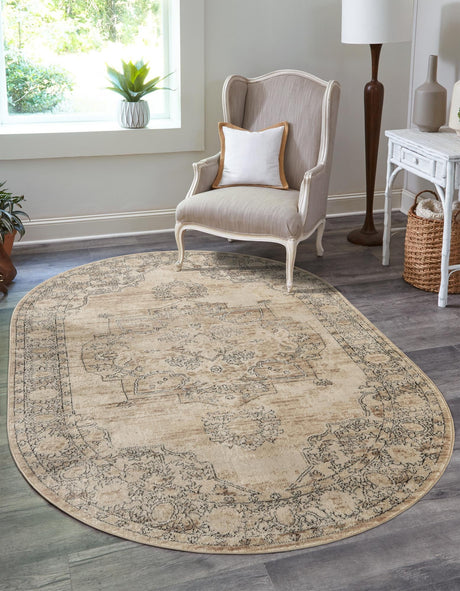 Ivory 4' 1 x 6' 1 Portland Oval Area Rug 85% Polypropylene & 15% Polyester Vintage Distressed Traditional Carpet for Home Decor for Sale at Rug Engine