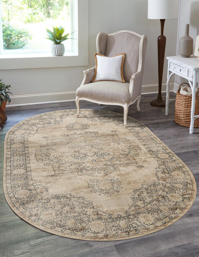 Ivory 7' 10 x 10' Portland Oval Area Rug 85% Polypropylene & 15% Polyester Vintage Distressed Traditional Carpet for Home Decor for Sale at Rug Engine