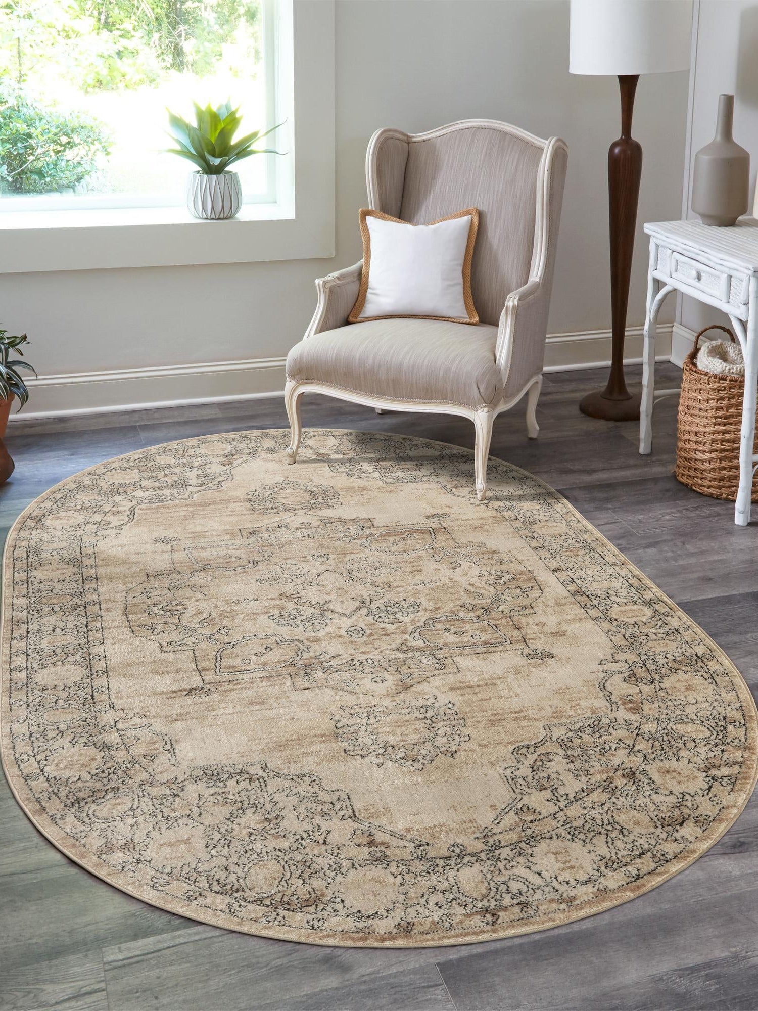 Ivory 5' 3 x 8' Portland Oval Area Rug 85% Polypropylene & 15% Polyester Vintage Distressed Traditional Carpet for Home Decor for Sale at Rug Engine