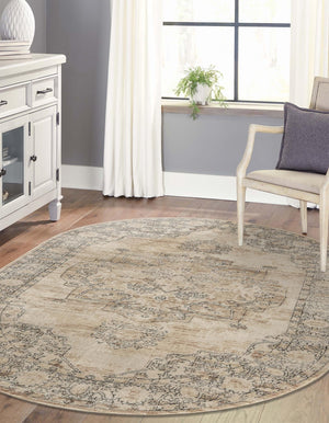 Ivory 5' 3 x 8' Portland Oval Area Rug 85% Polypropylene & 15% Polyester Vintage Distressed Traditional Carpet for Home Decor for Sale at Rug Engine