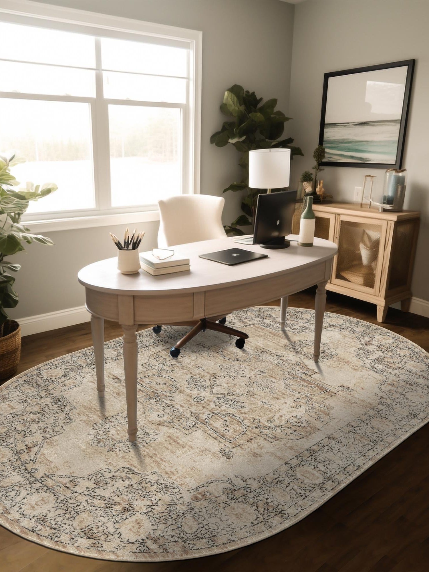 Ivory 5' 3 x 8' Portland Oval Area Rug 85% Polypropylene & 15% Polyester Vintage Distressed Traditional Carpet for Home Decor for Sale at Rug Engine