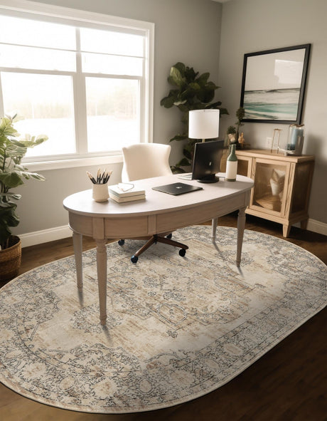 Ivory 6' 1 x 9' Portland Oval Area Rug 85% Polypropylene & 15% Polyester Vintage Distressed Traditional Carpet for Home Decor for Sale at Rug Engine