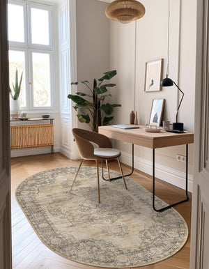 Ivory 6' 1 x 9' Portland Oval Area Rug 85% Polypropylene & 15% Polyester Vintage Distressed Traditional Carpet for Home Decor for Sale at Rug Engine