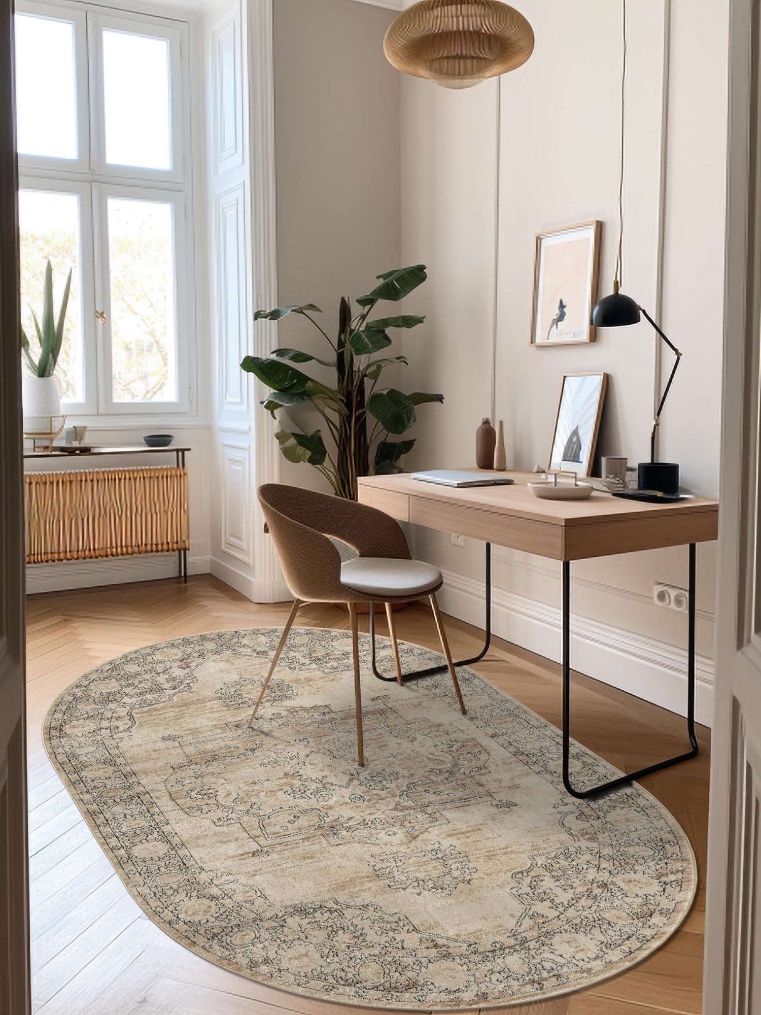 Ivory 5' 3 x 8' Portland Oval Area Rug 85% Polypropylene & 15% Polyester Vintage Distressed Traditional Carpet for Home Decor for Sale at Rug Engine