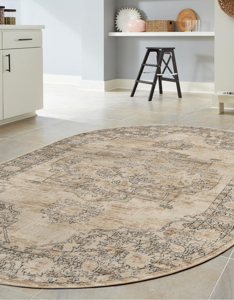 Ivory 6' 1 x 9' Portland Oval Area Rug 85% Polypropylene & 15% Polyester Vintage Distressed Traditional Carpet for Home Decor for Sale at Rug Engine