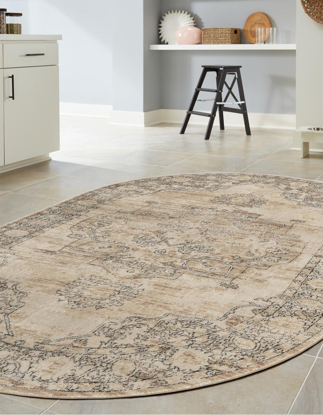 Ivory 7' 10 x 10' Portland Oval Area Rug 85% Polypropylene & 15% Polyester Vintage Distressed Traditional Carpet for Home Decor for Sale at Rug Engine
