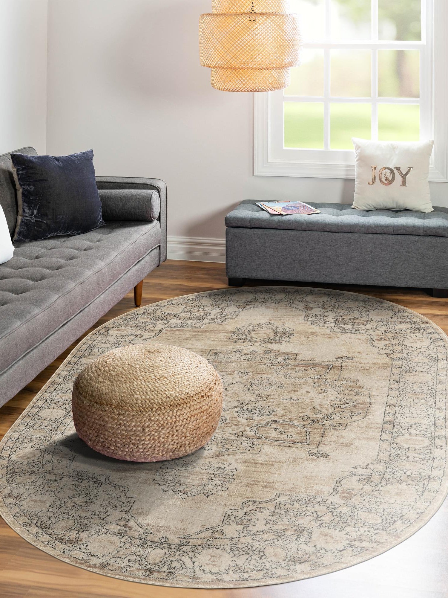Ivory 7' 10 x 10' Portland Oval Area Rug 85% Polypropylene & 15% Polyester Vintage Distressed Traditional Carpet for Home Decor for Sale at Rug Engine