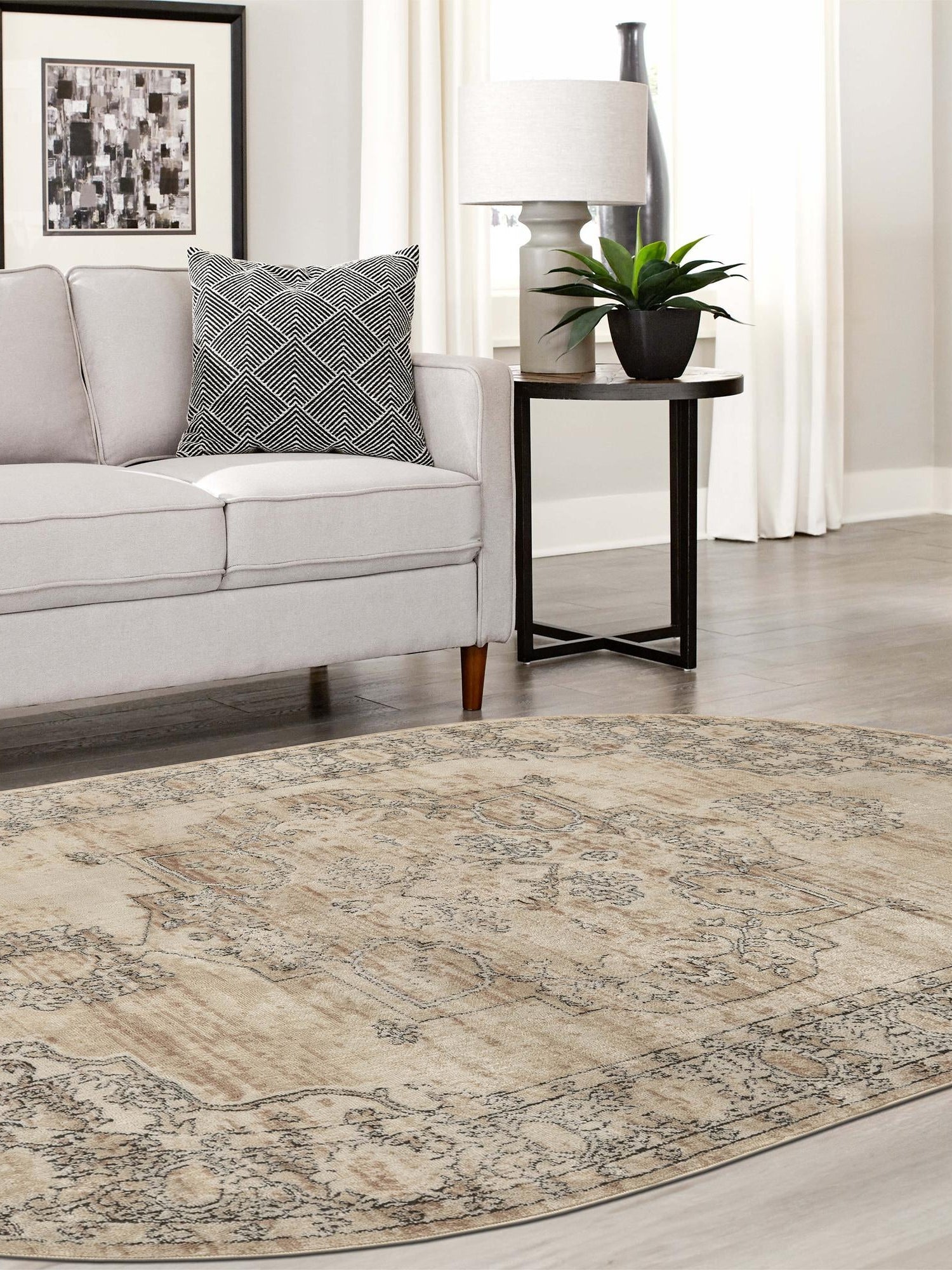 Ivory 7' 10 x 10' Portland Oval Area Rug 85% Polypropylene & 15% Polyester Vintage Distressed Traditional Carpet for Home Decor for Sale at Rug Engine