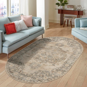 Ivory 4' 1 x 6' 1 Portland Oval Area Rug 85% Polypropylene & 15% Polyester Vintage Distressed Traditional Carpet for Home Decor for Sale at Rug Engine