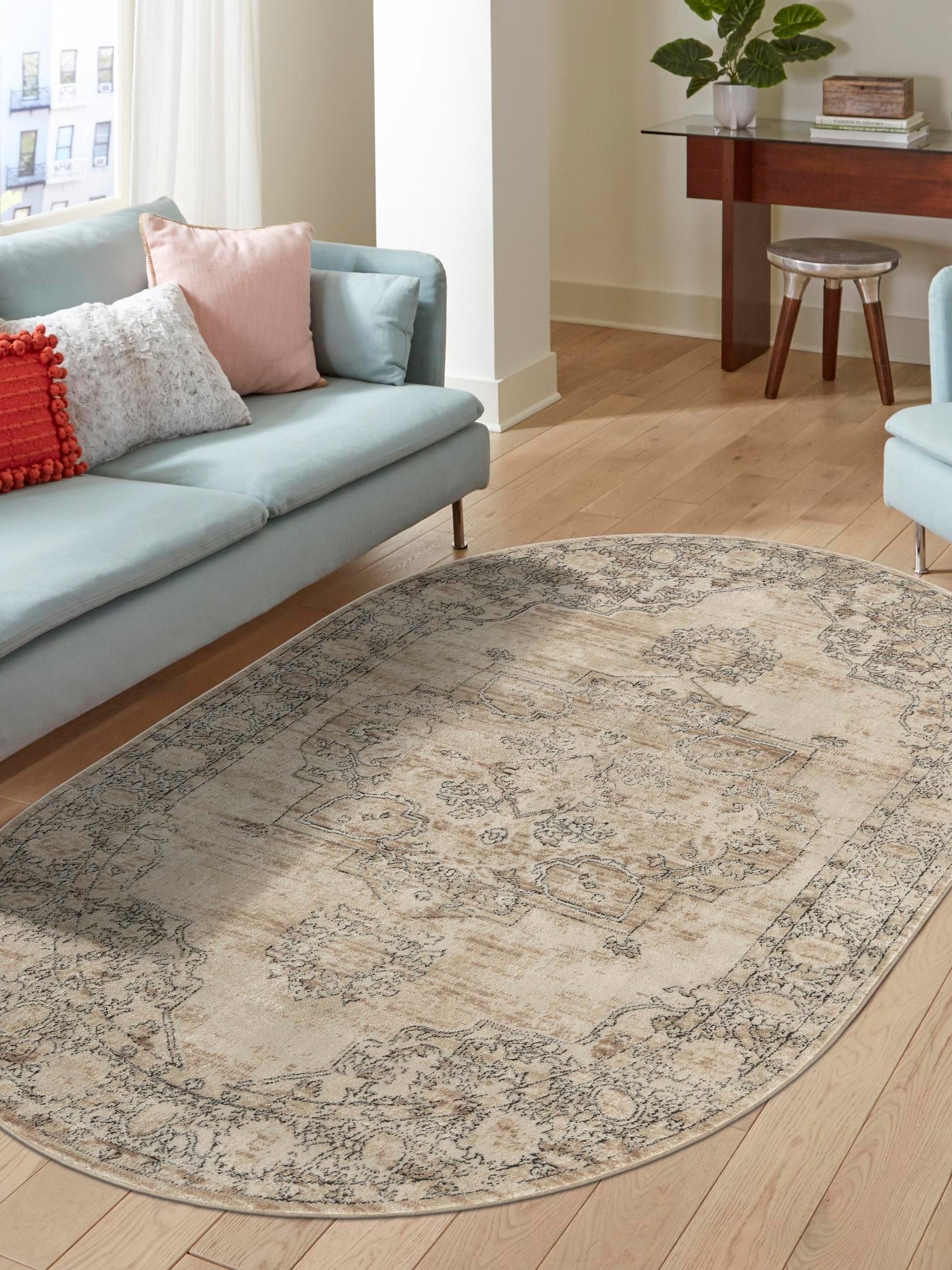 Ivory 3' 1 x 5' 3 Portland Oval Area Rug 85% Polypropylene & 15% Polyester Vintage Distressed Traditional Carpet for Home Decor for Sale at Rug Engine