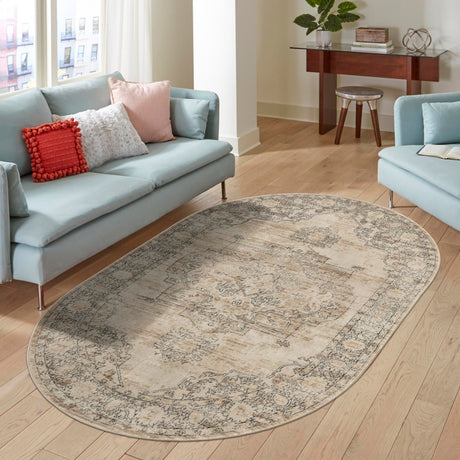 Ivory 3' 1 x 5' 3 Portland Oval Area Rug 85% Polypropylene & 15% Polyester Vintage Distressed Traditional Carpet for Home Decor for Sale at Rug Engine