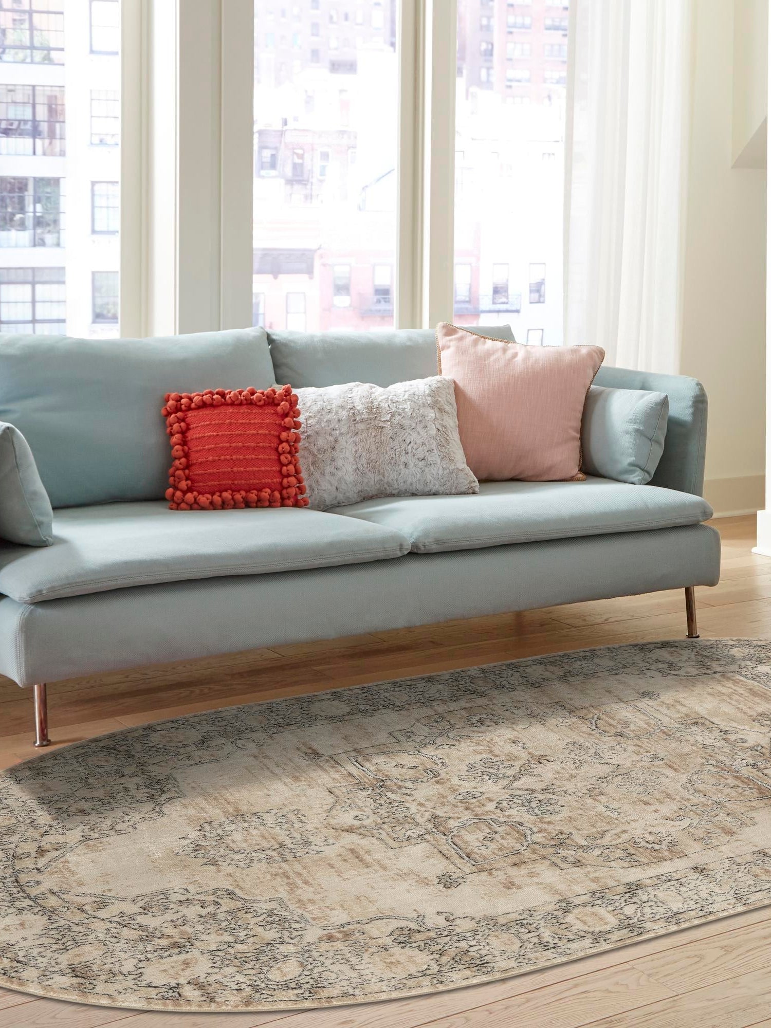 Ivory 7' 10 x 10' Portland Oval Area Rug 85% Polypropylene & 15% Polyester Vintage Distressed Traditional Carpet for Home Decor for Sale at Rug Engine