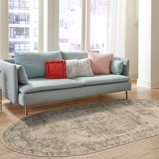 Ivory 7' 10 x 10' Portland Oval Area Rug 85% Polypropylene & 15% Polyester Vintage Distressed Traditional Carpet for Home Decor for Sale at Rug Engine
