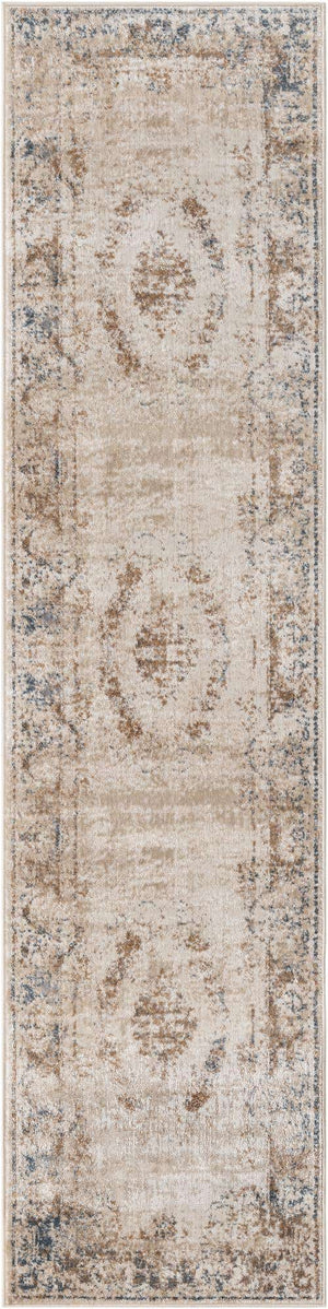 Blue Cream 2' 7 x 10' Chateau Runner Area Rug 85% Polypropylene & 15% Chenille With Cotton Backing Traditional Vintage Distressed Carpet for Classical Interior Design Decorating for Sale at Rug Engine
