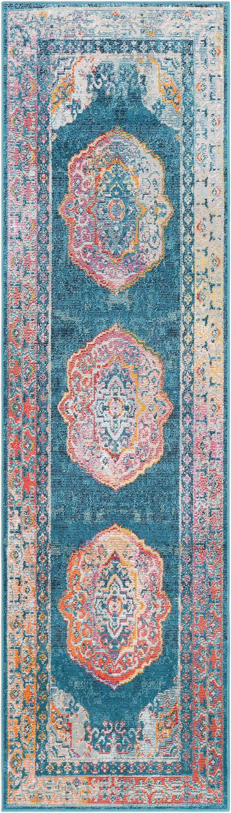 Turquoise 3' x 10' Charm Runner Area Rug 100% Polypropylene With Jute Backing Traditional Vintage Distressed Look Carpet for Living Rooms Dining Office Space for Sale at Rug Engine
