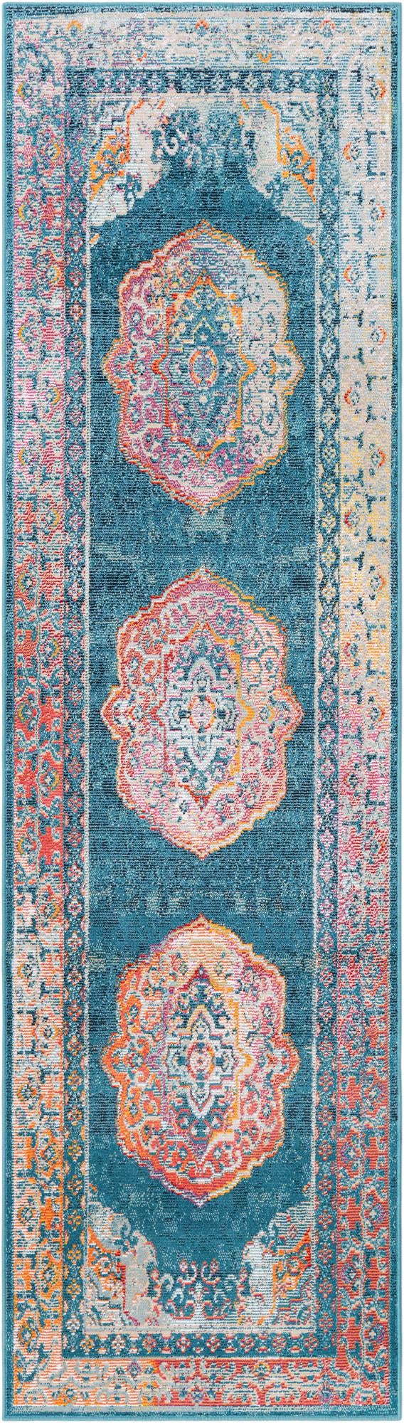 Turquoise 3' x 10' Charm Runner Area Rug 100% Polypropylene With Jute Backing Traditional Vintage Distressed Look Carpet for Living Rooms Dining Office Space for Sale at Rug Engine