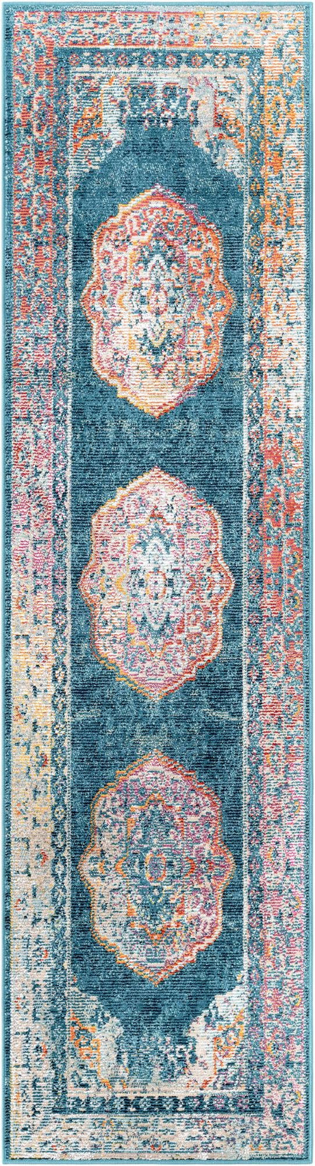 Turquoise 2' x 8' Charm Runner Area Rug 100% Polypropylene With Jute Backing Traditional Vintage Distressed Look Carpet for Living Rooms Dining Office Space for Sale at Rug Engine