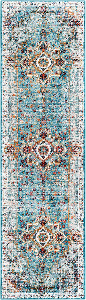 Turquoise 2' 7 x 10' Charm Runner Area Rug 100% Polypropylene With Jute Backing Traditional Vintage Distressed Look Carpet for Living Rooms Dining Office Space for Sale at Rug Engine