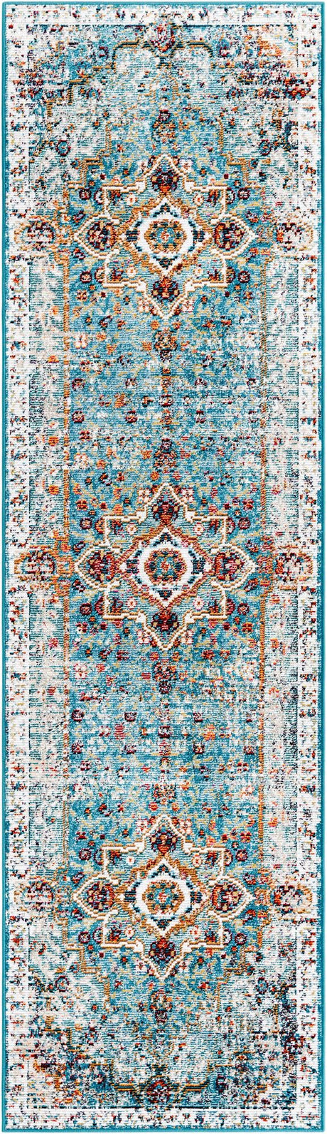 Turquoise 2' 7 x 10' Charm Runner Area Rug 100% Polypropylene With Jute Backing Traditional Vintage Distressed Look Carpet for Living Rooms Dining Office Space for Sale at Rug Engine
