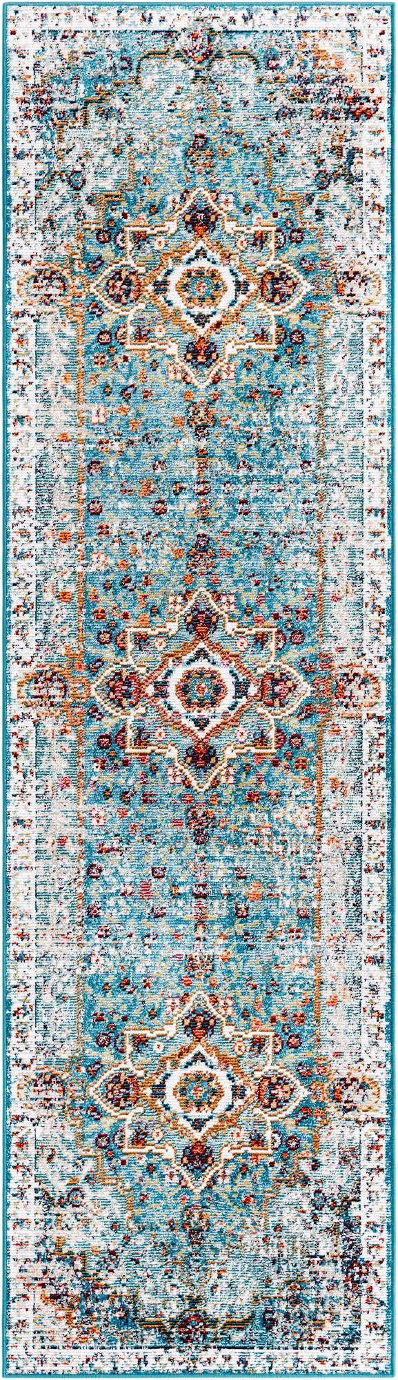 Turquoise 2' 7 x 10' Charm Runner Area Rug 100% Polypropylene With Jute Backing Traditional Vintage Distressed Look Carpet for Living Rooms Dining Office Space for Sale at Rug Engine
