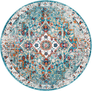 Turquoise 5' 3 x 5' 3 Charm Round Area Rug 100% Polypropylene With Jute Backing Traditional Vintage Distressed Look Carpet for Living Rooms Dining Office Space for Sale at Rug Engine