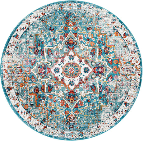 Turquoise 5' 3 x 5' 3 Charm Round Area Rug 100% Polypropylene With Jute Backing Traditional Vintage Distressed Look Carpet for Living Rooms Dining Office Space for Sale at Rug Engine