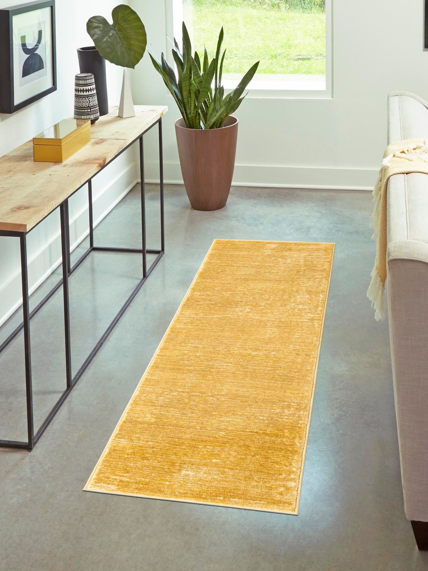 Yellow 2' 7 x 12' Finsbury Runner Area Rug 60% Polypropylene & 40% Polyester Contemporary Carpet for Living Rooms, Dining, Offices for Sale at Rug Engine