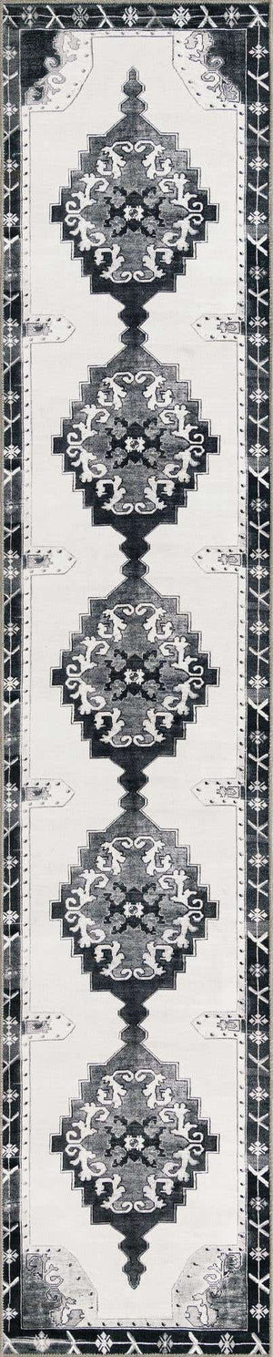 Washable Black and White 2' 6 x 12' Timeless Runner Area Rug Easy to Clean Stain Resistant & Durable Traditional Classic Vintage Design Carpet for Sale at Rug Engine