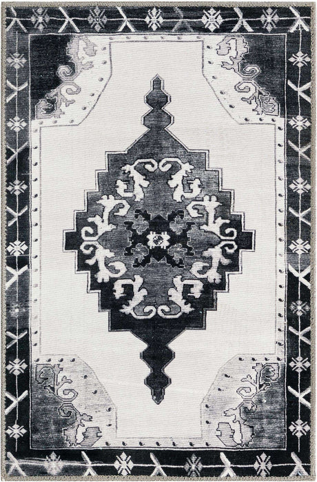 Washable Black and White 2' x 3' Timeless Rectangle Area Rug Easy to Clean Stain Resistant & Durable Traditional Classic Vintage Design Carpet for Sale at Rug Engine