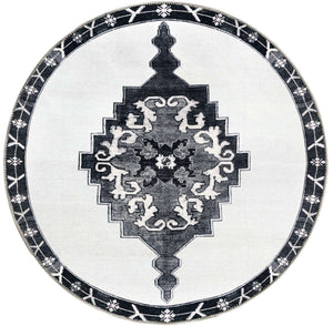 Washable Black and White 3' 6 x 3' 6 Timeless Round Area Rug Easy to Clean Stain Resistant & Durable Traditional Classic Vintage Design Carpet for Sale at Rug Engine