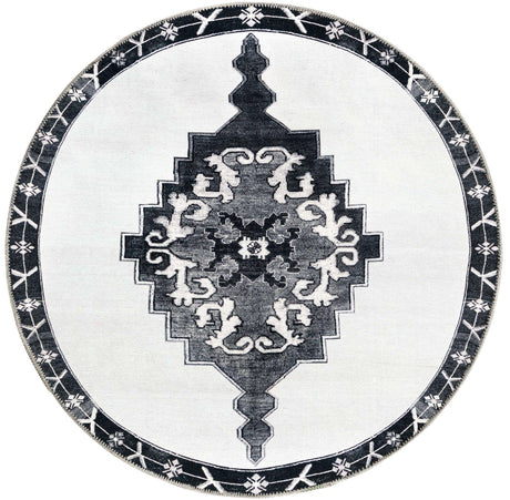 Washable Black and White 3' 6 x 3' 6 Timeless Round Area Rug Easy to Clean Stain Resistant & Durable Traditional Classic Vintage Design Carpet for Sale at Rug Engine