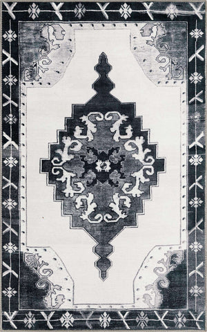 Washable Black and White 3' 6 x 5' 6 Timeless Rectangle Area Rug Easy to Clean Stain Resistant & Durable Traditional Classic Vintage Design Carpet for Sale at Rug Engine