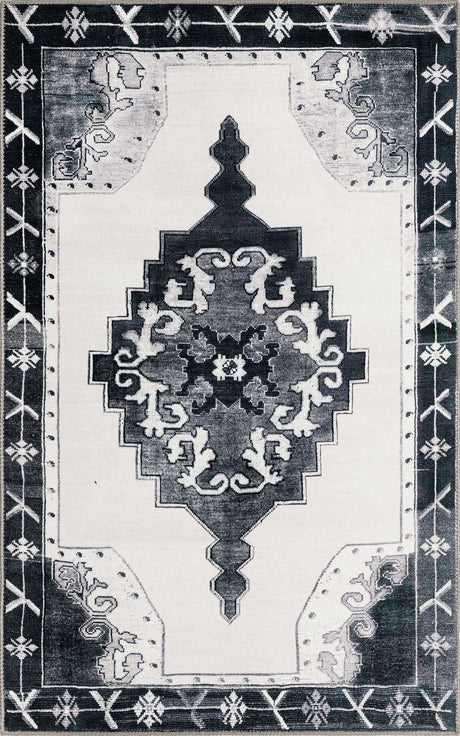 Washable Black and White 3' 6 x 5' 6 Timeless Rectangle Area Rug Easy to Clean Stain Resistant & Durable Traditional Classic Vintage Design Carpet for Sale at Rug Engine