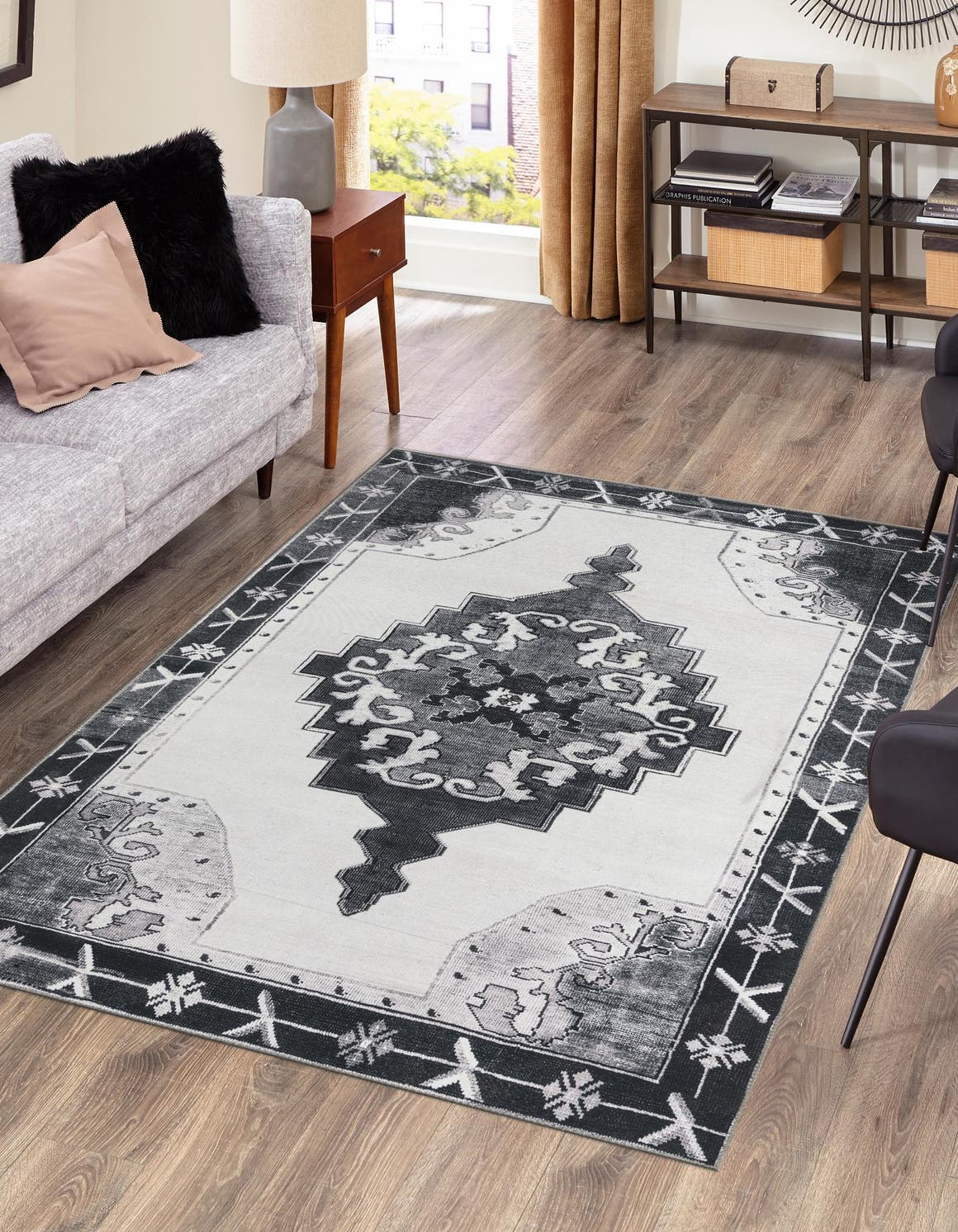 Washable Black and White 7' 6 x 10' 6 Timeless Rectangle Area Rug Easy to Clean Stain Resistant & Durable Traditional Classic Vintage Design Carpet for Sale at Rug Engine