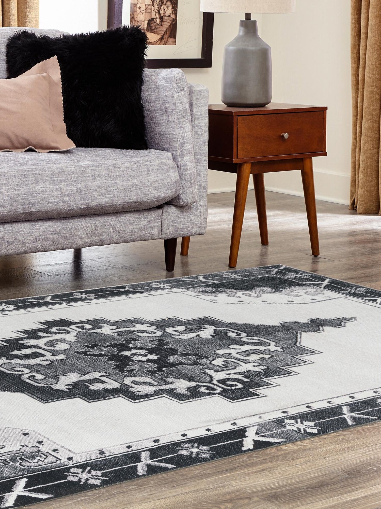 Washable Black and White 7' 6 x 10' 6 Timeless Rectangle Area Rug Easy to Clean Stain Resistant & Durable Traditional Classic Vintage Design Carpet for Sale at Rug Engine