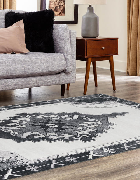 Washable Black and White 3' 6 x 5' 6 Timeless Rectangle Area Rug Easy to Clean Stain Resistant & Durable Traditional Classic Vintage Design Carpet for Sale at Rug Engine