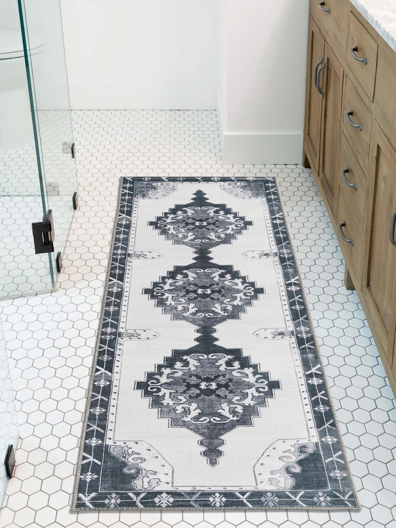 Washable Black and White 2' 6 x 12' Timeless Runner Area Rug Easy to Clean Stain Resistant & Durable Traditional Classic Vintage Design Carpet for Sale at Rug Engine