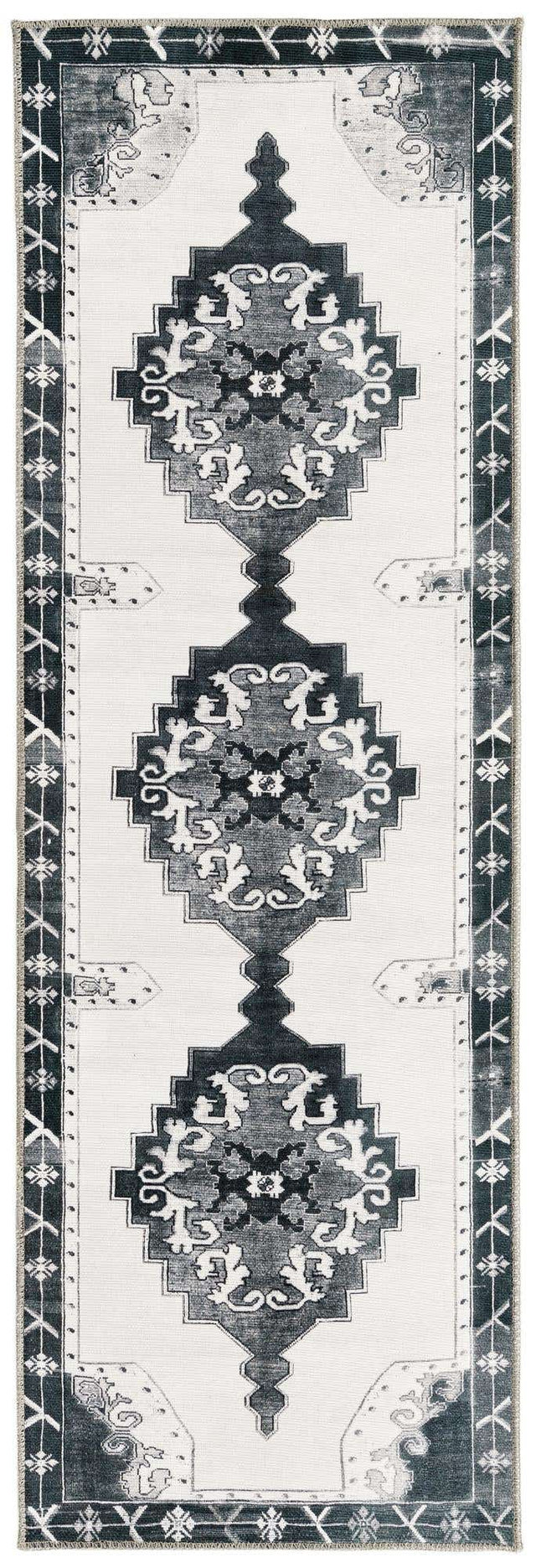 Washable Black and White 2' x 6' Timeless Runner Area Rug Easy to Clean Stain Resistant & Durable Traditional Classic Vintage Design Carpet for Sale at Rug Engine