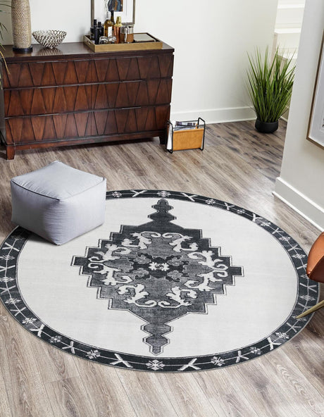 Washable Black and White 7' 6 x 7' 6 Timeless Round Area Rug Easy to Clean Stain Resistant & Durable Traditional Classic Vintage Design Carpet for Sale at Rug Engine