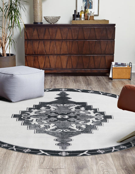 Washable Black and White 3' 6 x 3' 6 Timeless Round Area Rug Easy to Clean Stain Resistant & Durable Traditional Classic Vintage Design Carpet for Sale at Rug Engine