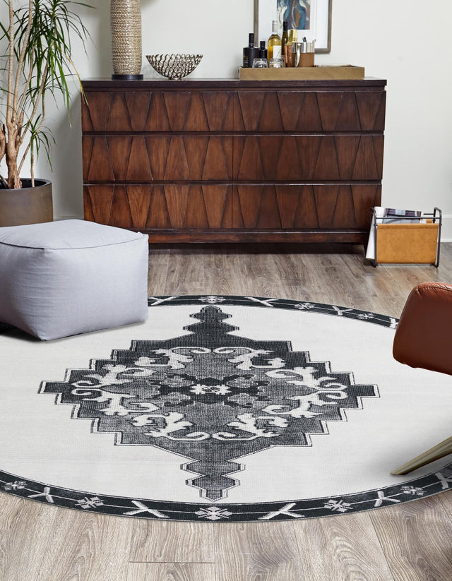 Washable Black and White 3' 6 x 3' 6 Timeless Round Area Rug Easy to Clean Stain Resistant & Durable Traditional Classic Vintage Design Carpet for Sale at Rug Engine