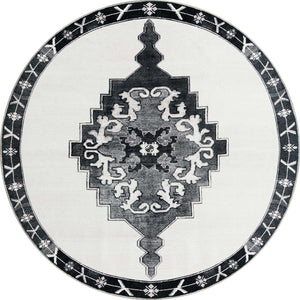Washable Black and White 7' 6 x 7' 6 Timeless Round Area Rug Easy to Clean Stain Resistant & Durable Traditional Classic Vintage Design Carpet for Sale at Rug Engine